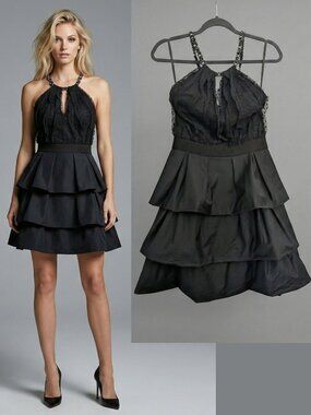 BCBG MaxAzria Black Cotton Silk Beaded Cocktail Mini Dress Tiered